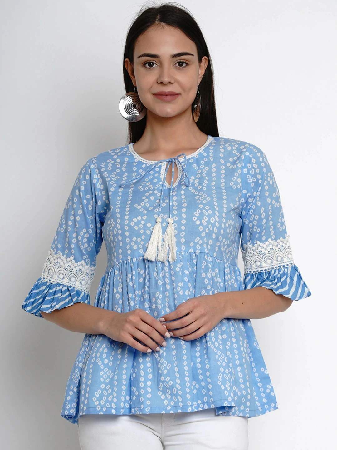 Bhama Couture Women Blue &amp; White Printed Empire Top-TOP149_L