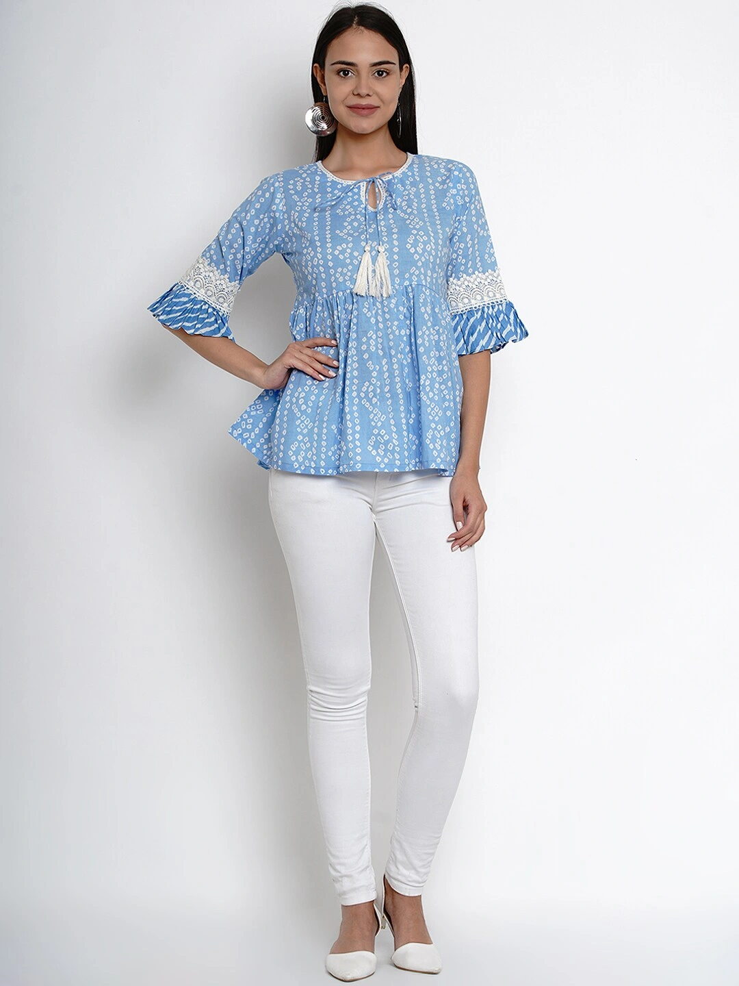 Bhama Couture Women Blue &amp; White Printed Empire Top-L-4