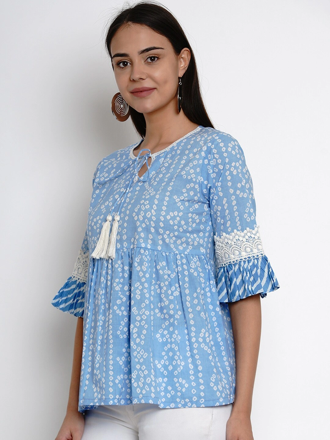 Bhama Couture Women Blue &amp; White Printed Empire Top-M-1