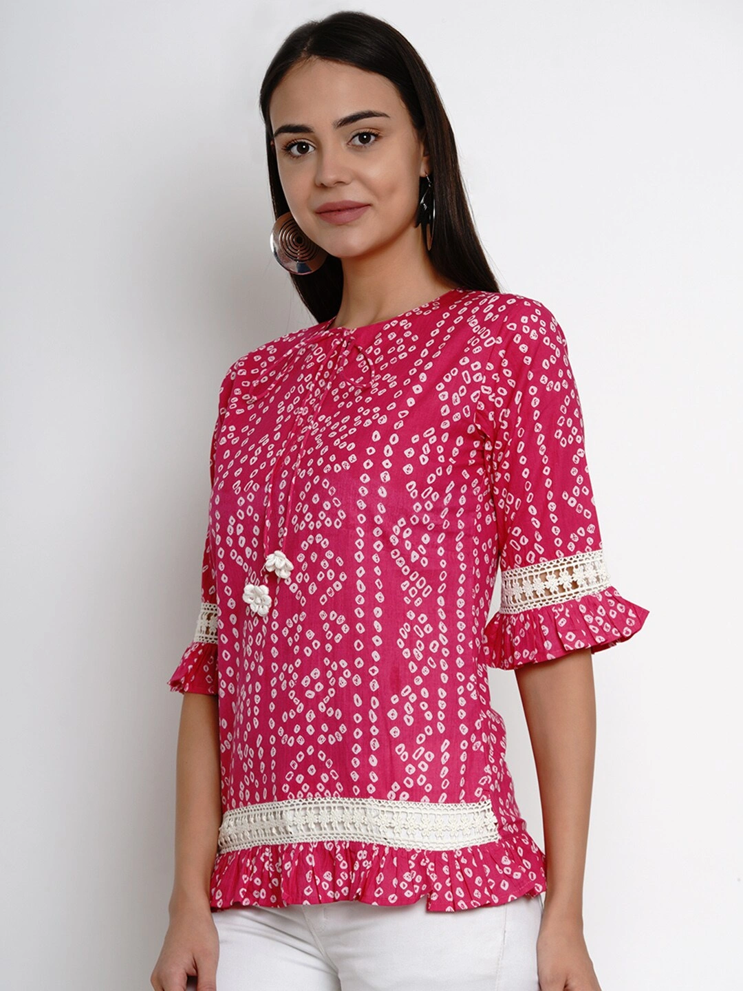 Bhama Couture Women Pink Bandhini Print Frill Detail Top-L-1