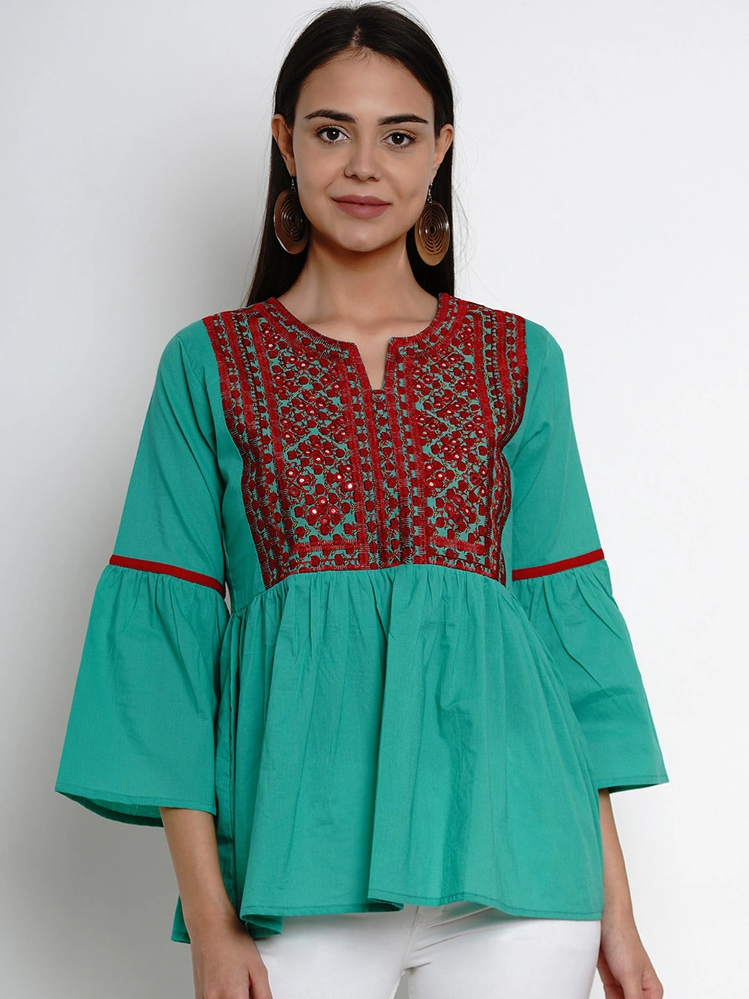 Bhama Couture Women Sea Green &amp; Red Embroidered Top-TOP153_L