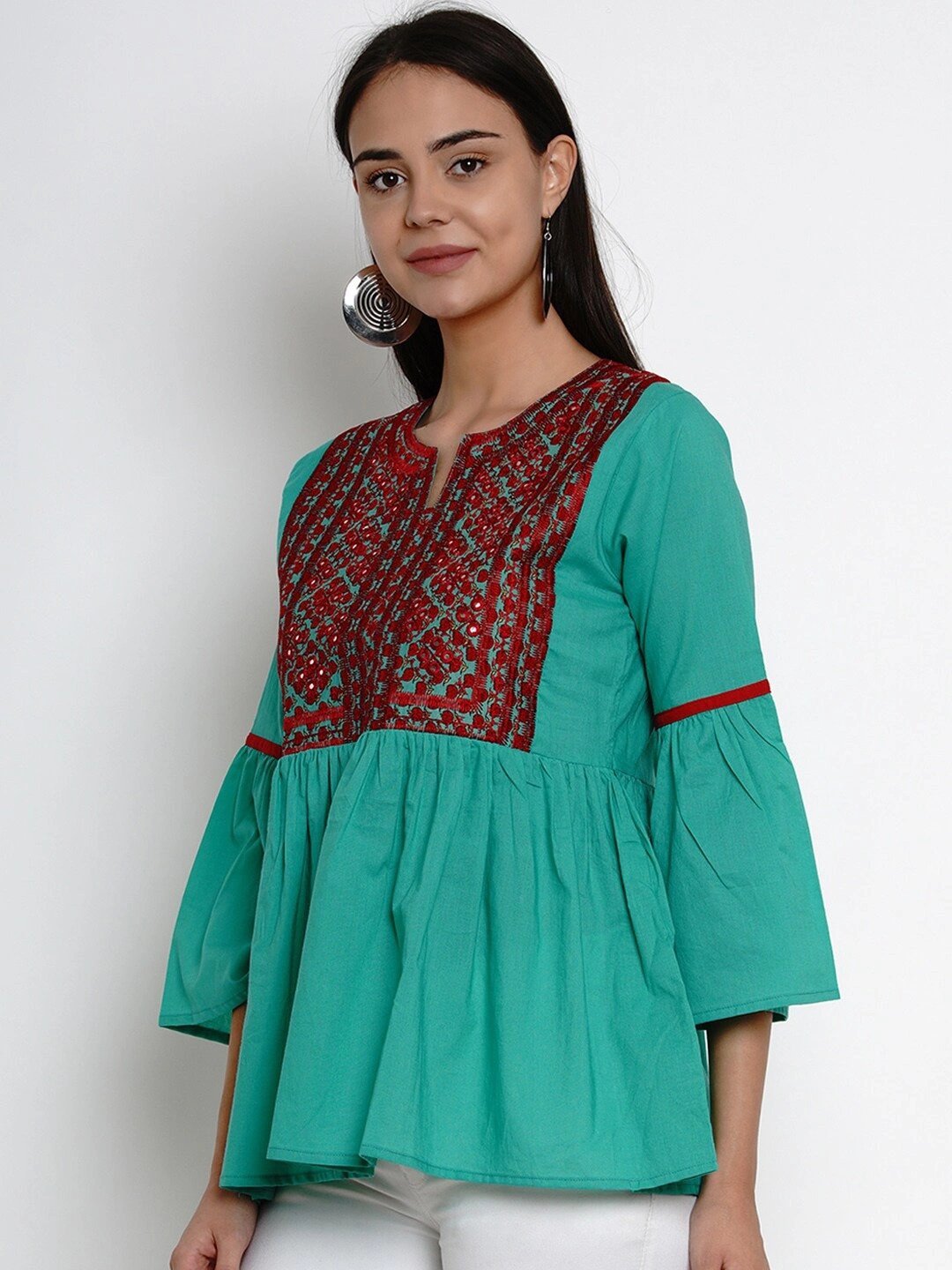 Bhama Couture Women Sea Green &amp; Red Embroidered Top-L-1