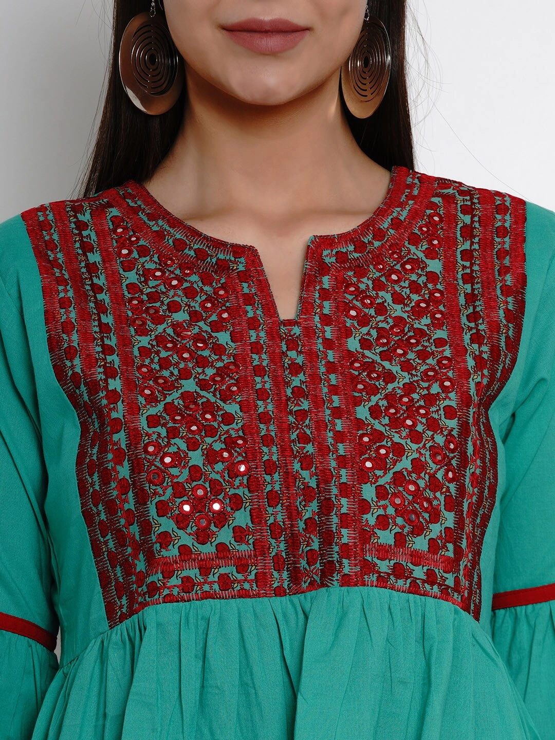 Bhama Couture Women Sea Green &amp; Red Embroidered Top-L-3