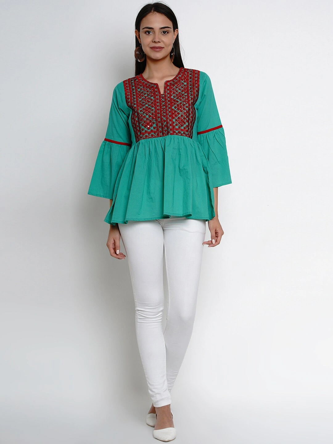 Bhama Couture Women Sea Green &amp; Red Embroidered Top-L-4