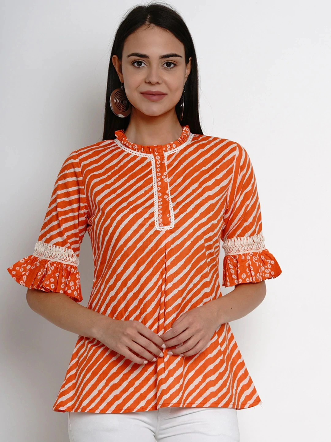 Bhama Couture Women Orange &amp; White Leheriya Print A-Line Top-TOP154_L