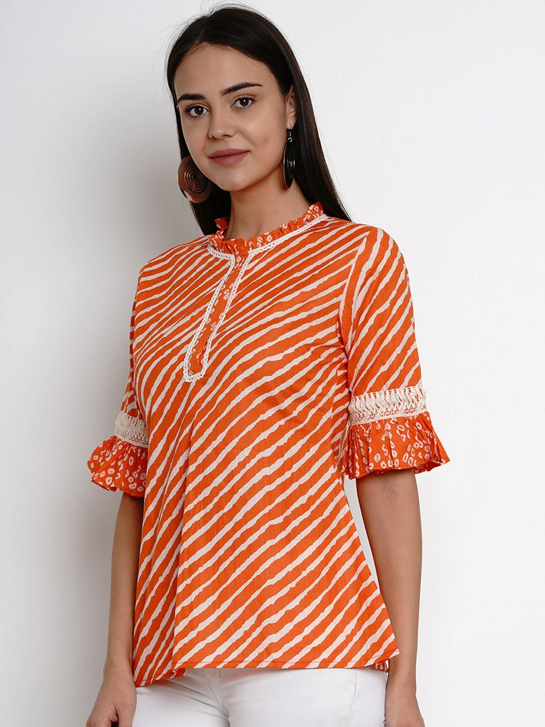 Bhama Couture Women Orange &amp; White Leheriya Print A-Line Top-L-1