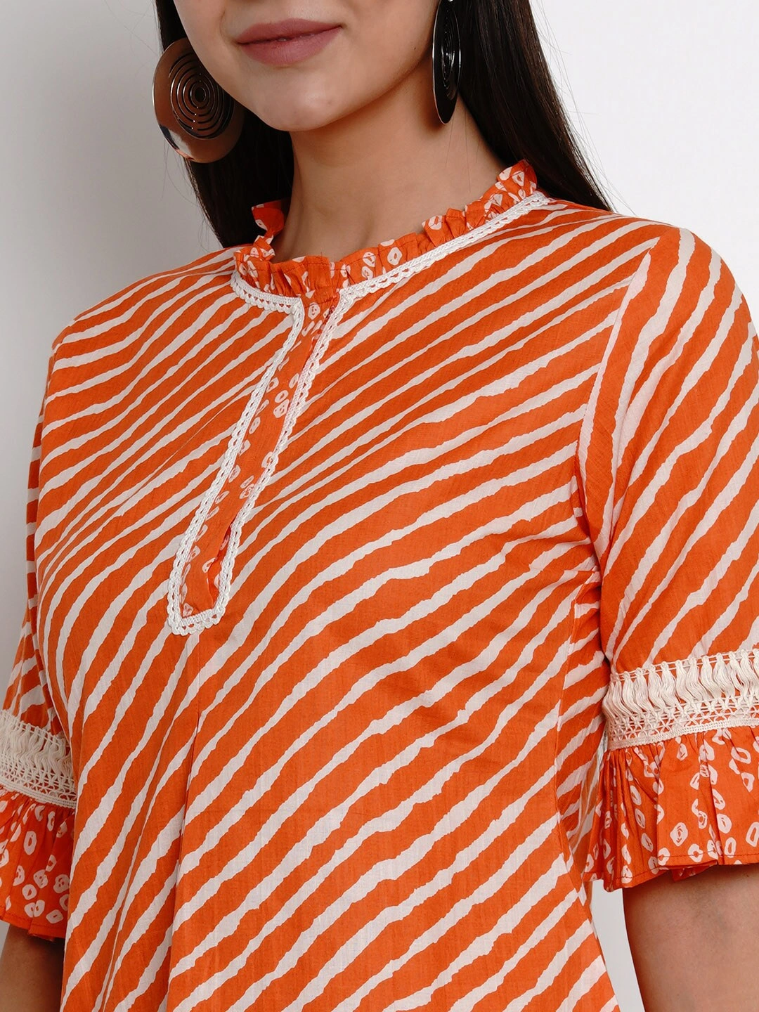 Bhama Couture Women Orange &amp; White Leheriya Print A-Line Top-L-3