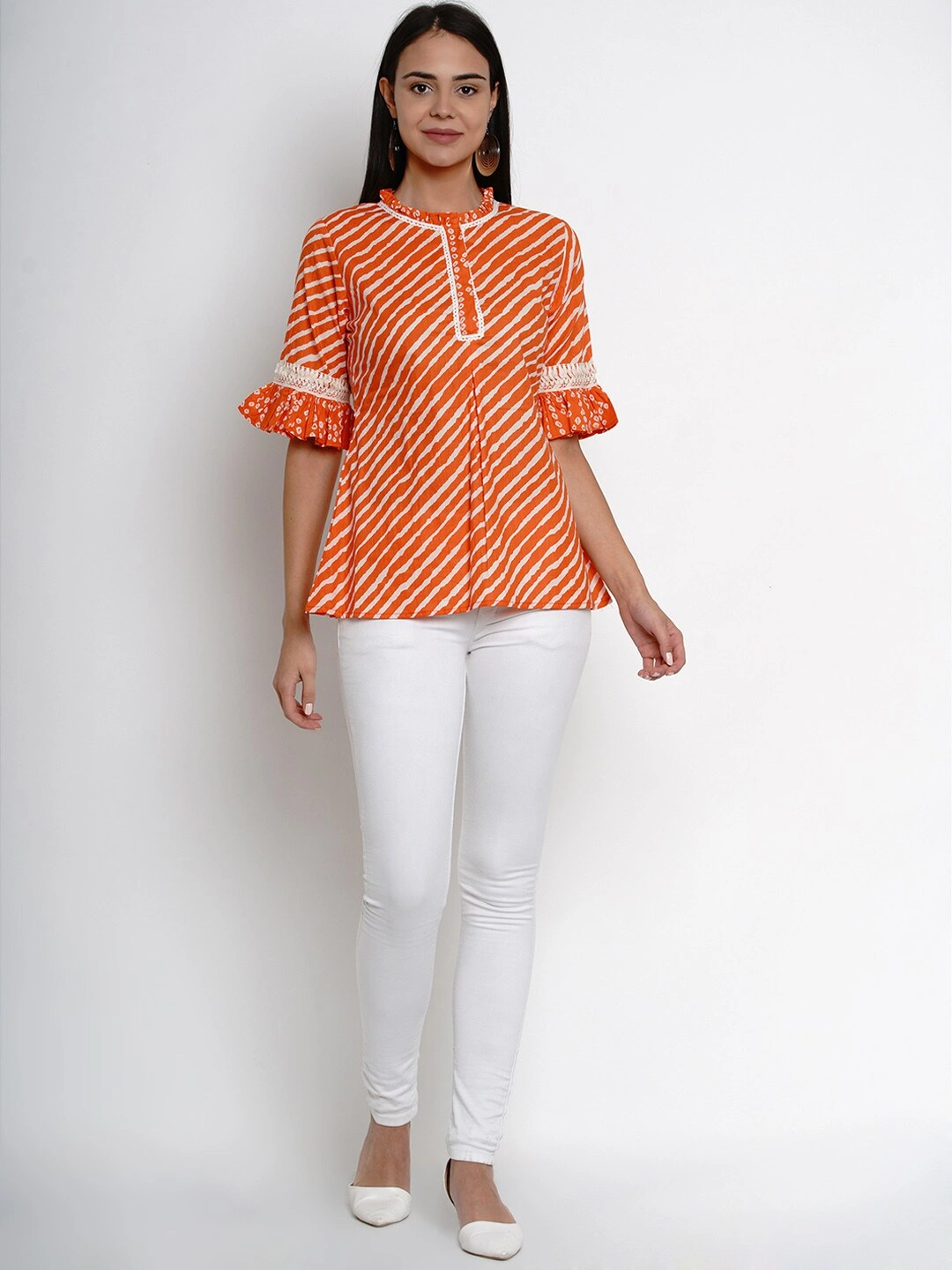 Bhama Couture Women Orange &amp; White Leheriya Print A-Line Top-L-4