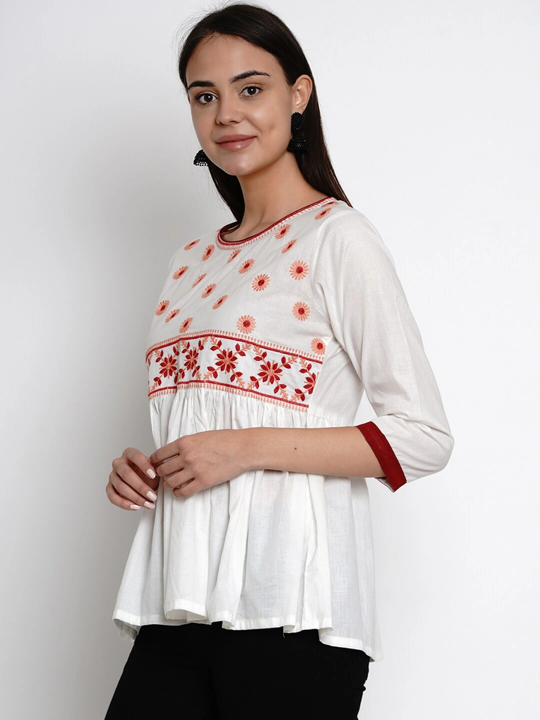 Bhama Couture Women White Embroidered Peplum Top-L-1