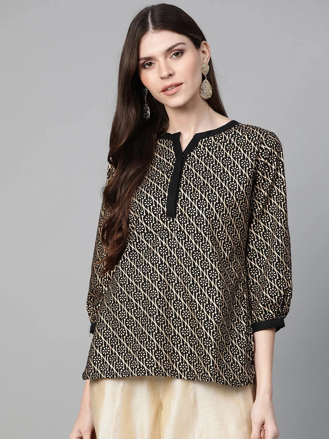 Bhama Couture Women Black &amp; Golden Foil Print Top-TOP157_XL