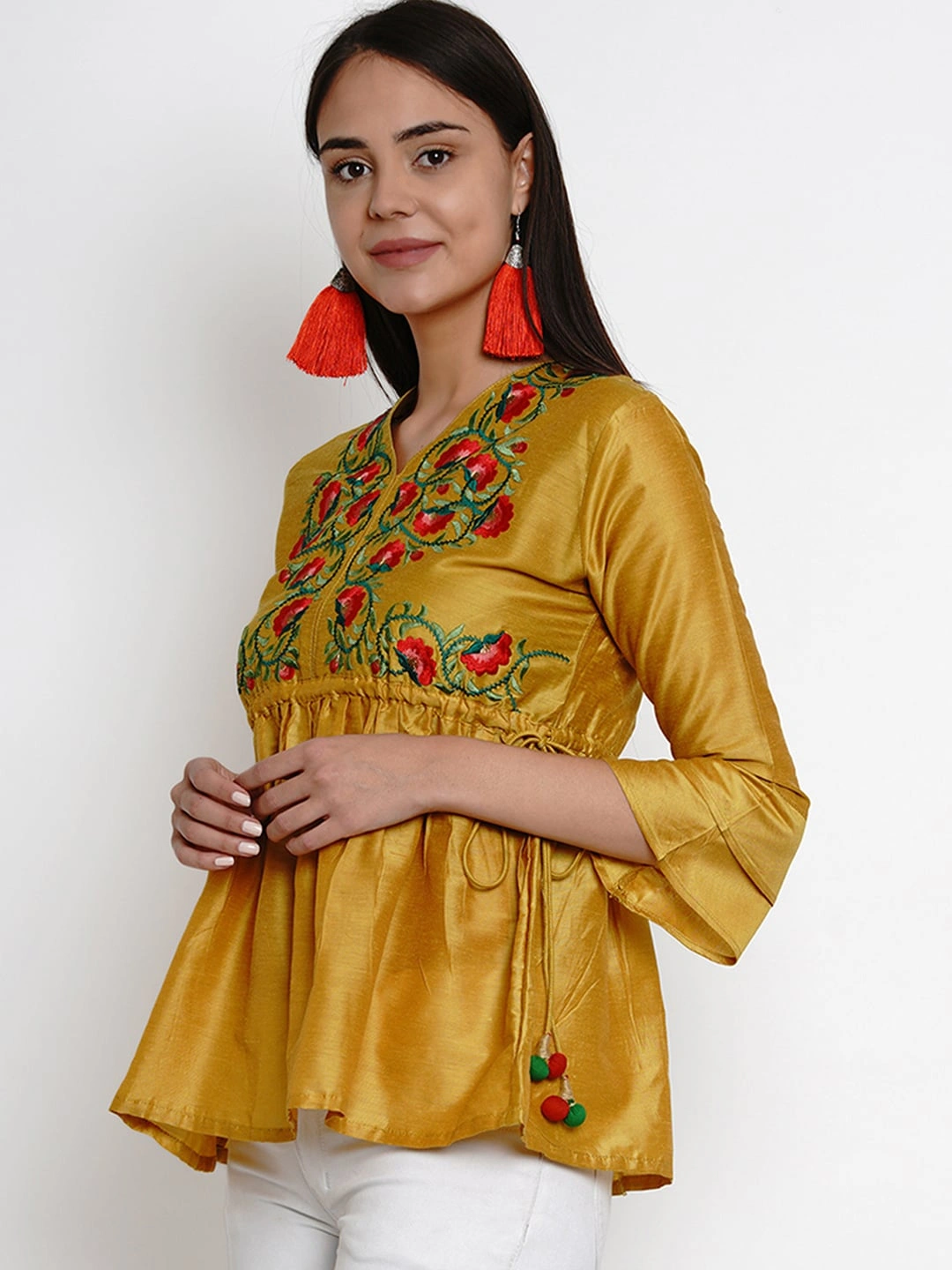 Bhama Couture Women Mustard Yellow Embroidered Top-L-1