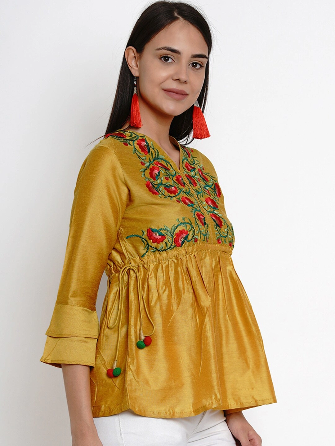 Bhama Couture Women Mustard Yellow Embroidered Top-L-2