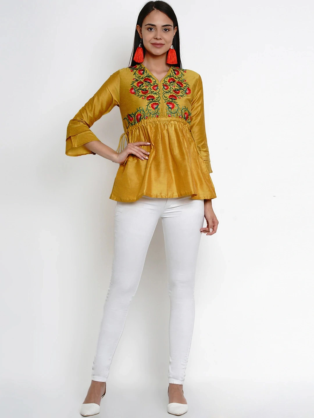 Bhama Couture Women Mustard Yellow Embroidered Top-L-5