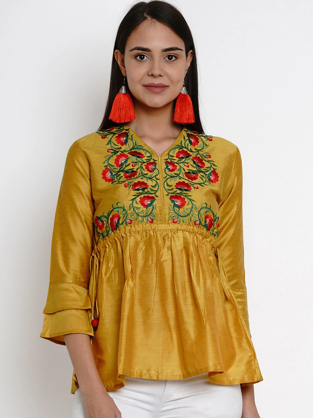 Bhama Couture Women Mustard Yellow Embroidered Top-TOP164_S