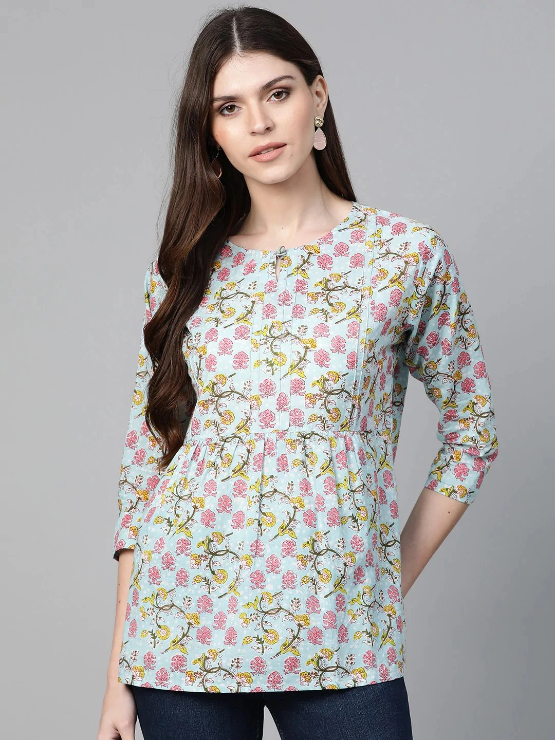 Bhama Couture Women Blue &amp; Pink Floral Print A-Line Top-TOP165_L