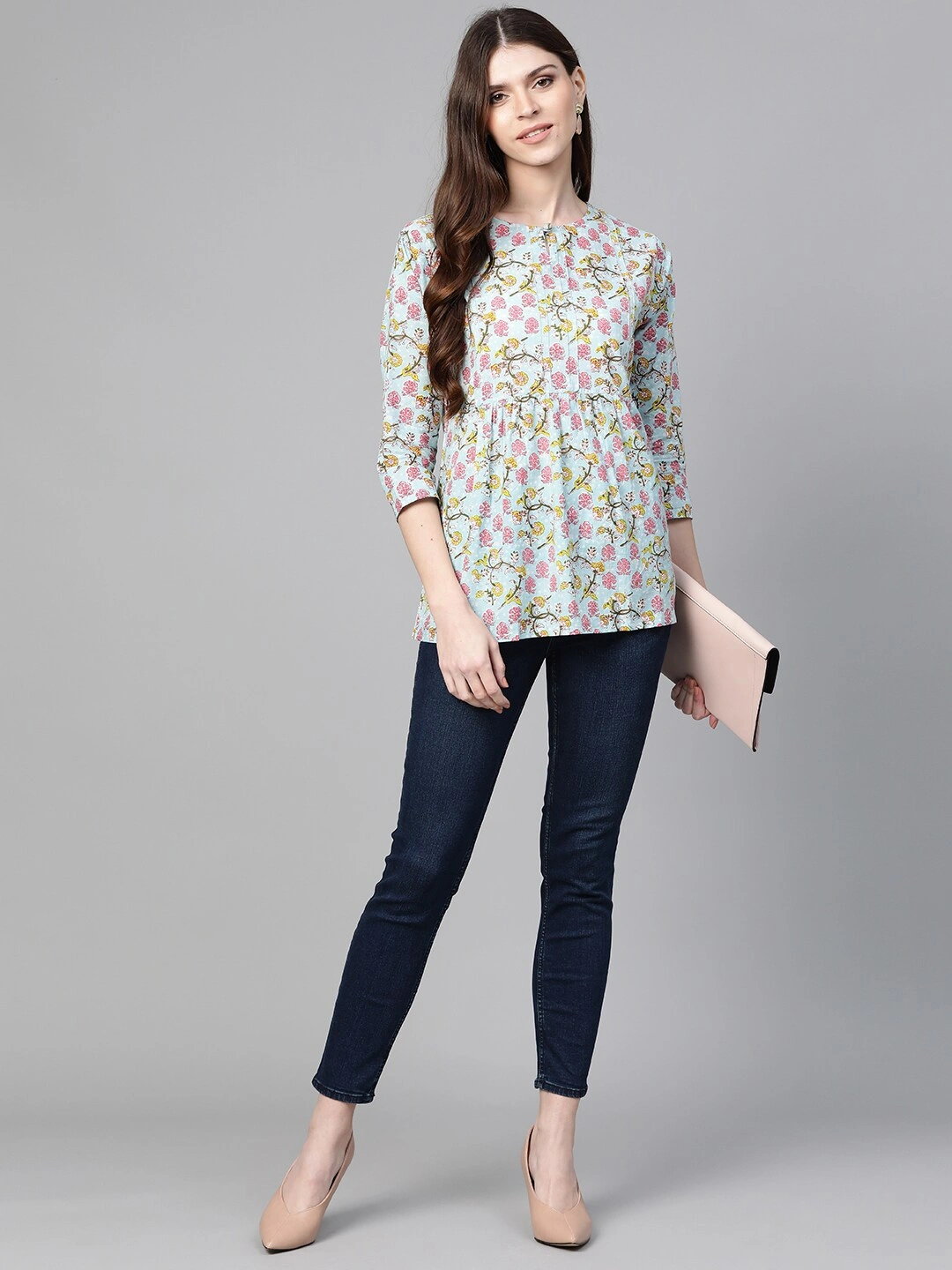 Bhama Couture Women Blue &amp; Pink Floral Print A-Line Top-L-4