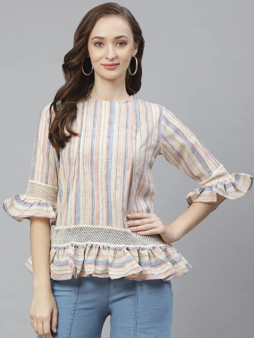 Bhama Couture Women Off-White &amp; Blue Striped Linen Top-TOP167_L