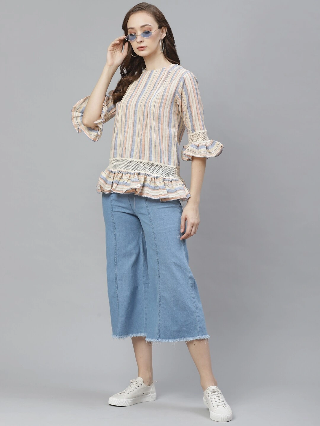 Bhama Couture Women Off-White &amp; Blue Striped Linen Top-S-4