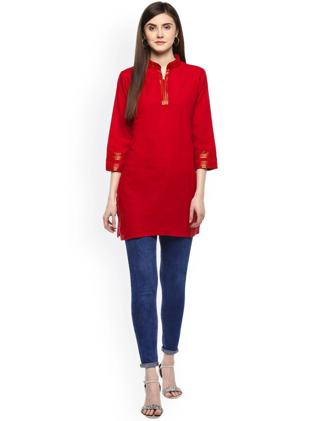 Bhama Couture Red Handloom Mangalgiri Solid Tunic-L-4