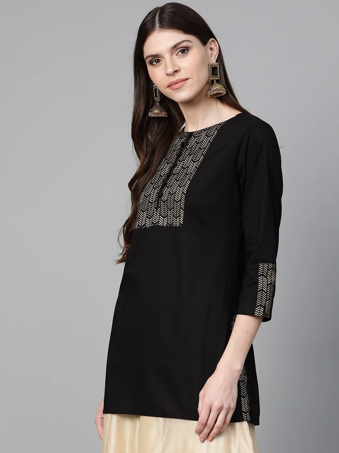 Bhama Couture Women Black &amp; Golden Foil Print Tunic-L-1