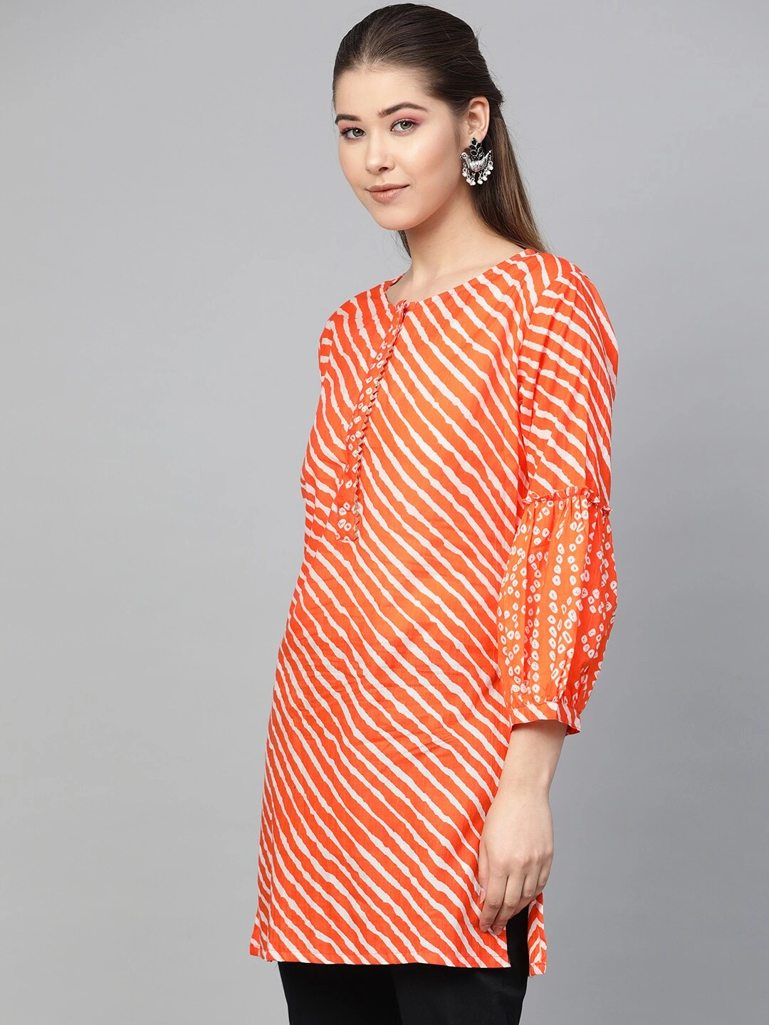 Bhama Couture Women Orange &amp; White Striped Tunic-S-1