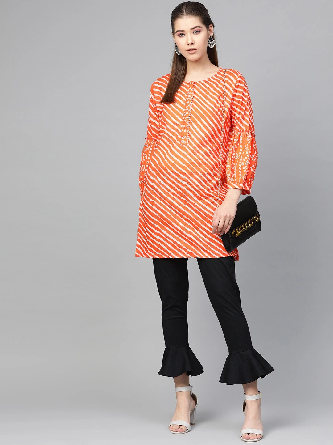 Bhama Couture Women Orange &amp; White Striped Tunic-XL-4