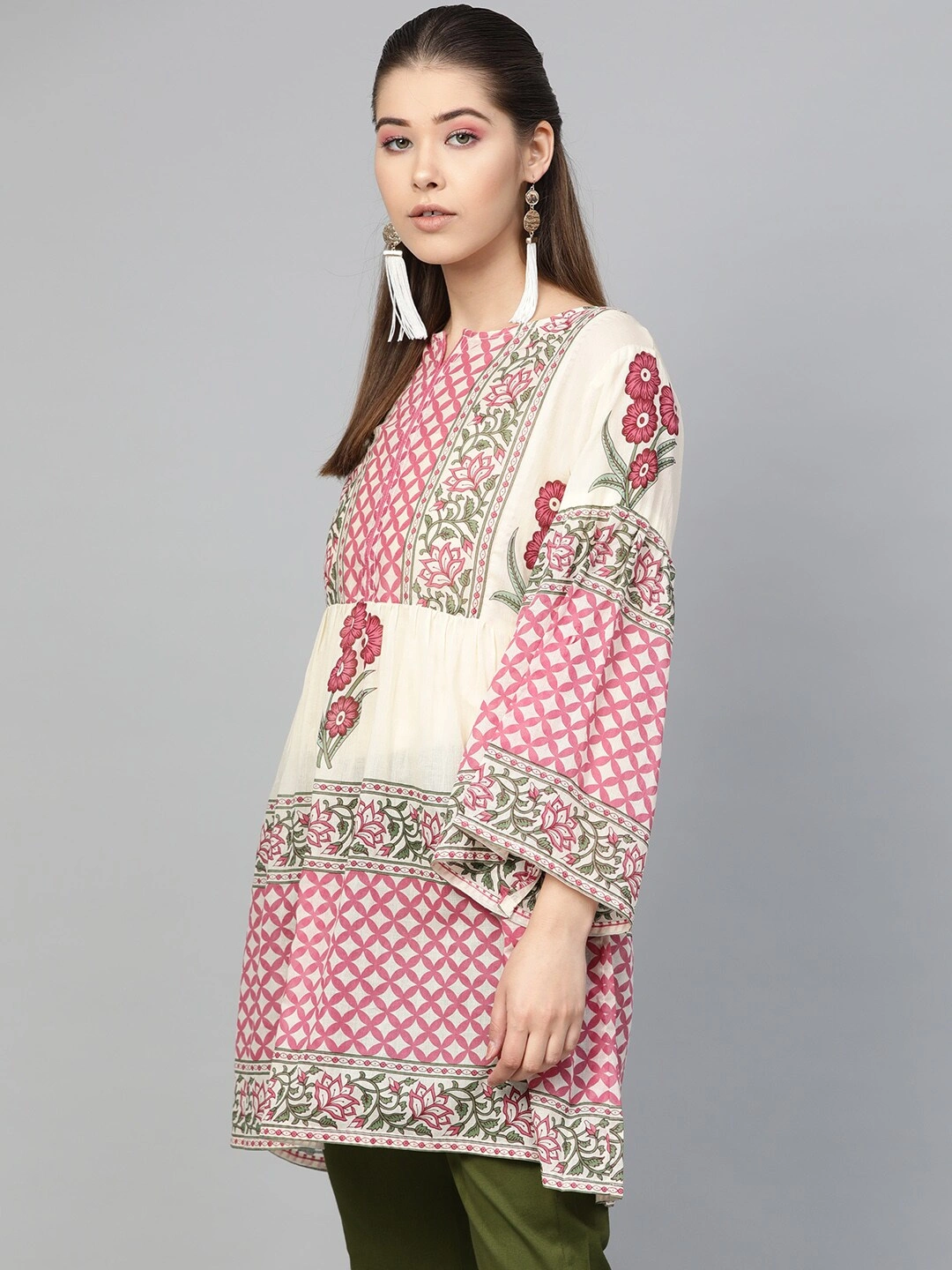 Bhama Couture Women Beige &amp; Pink Printed Tunic-L-1