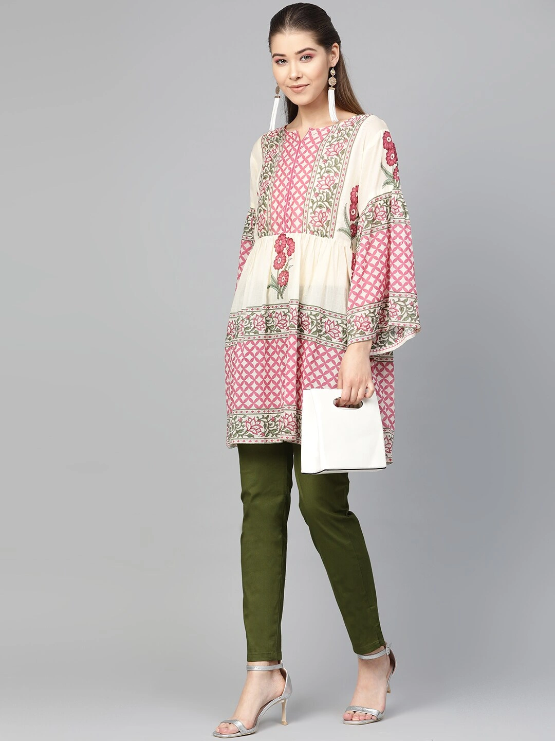 Bhama Couture Women Beige &amp; Pink Printed Tunic-L-4