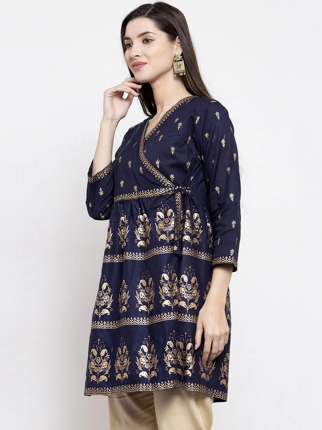 Bhama Couture Women Navy Blue &amp; Golden Foil Print Angrakha Tunic-XL-1