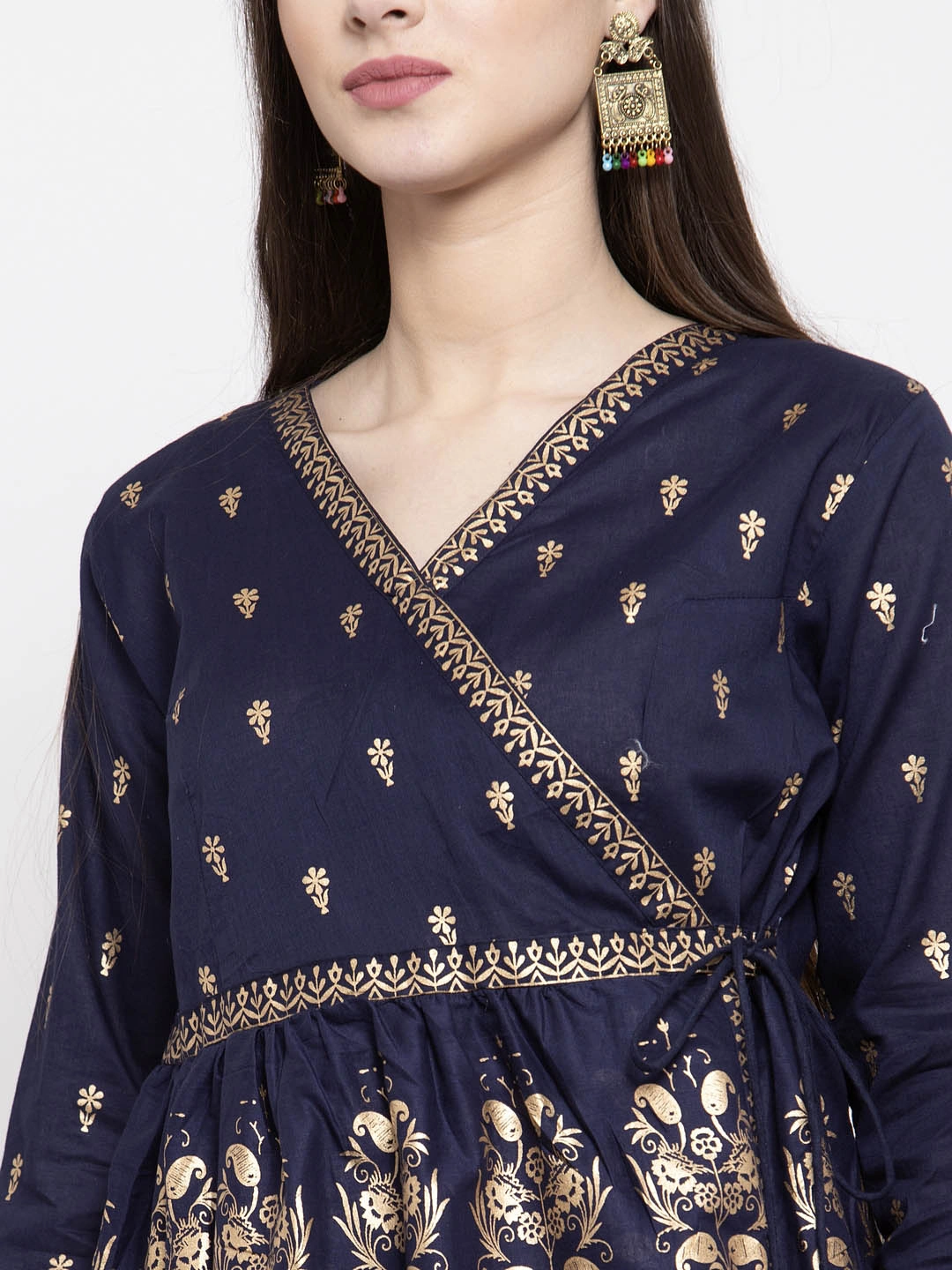 Bhama Couture Women Navy Blue &amp; Golden Foil Print Angrakha Tunic-XL-3