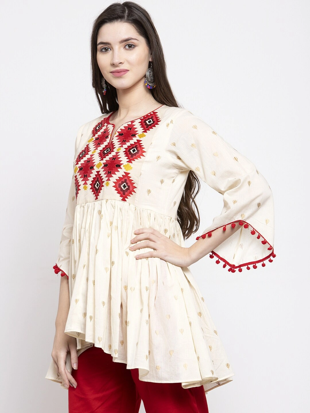 Bhama Couture Women Off-White &amp; Red Printed Tunic-XL-1