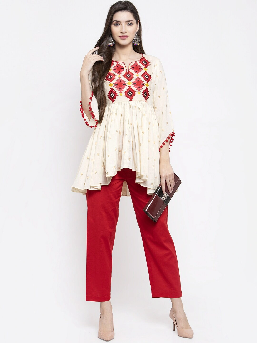 Bhama Couture Women Off-White &amp; Red Printed Tunic-XL-4