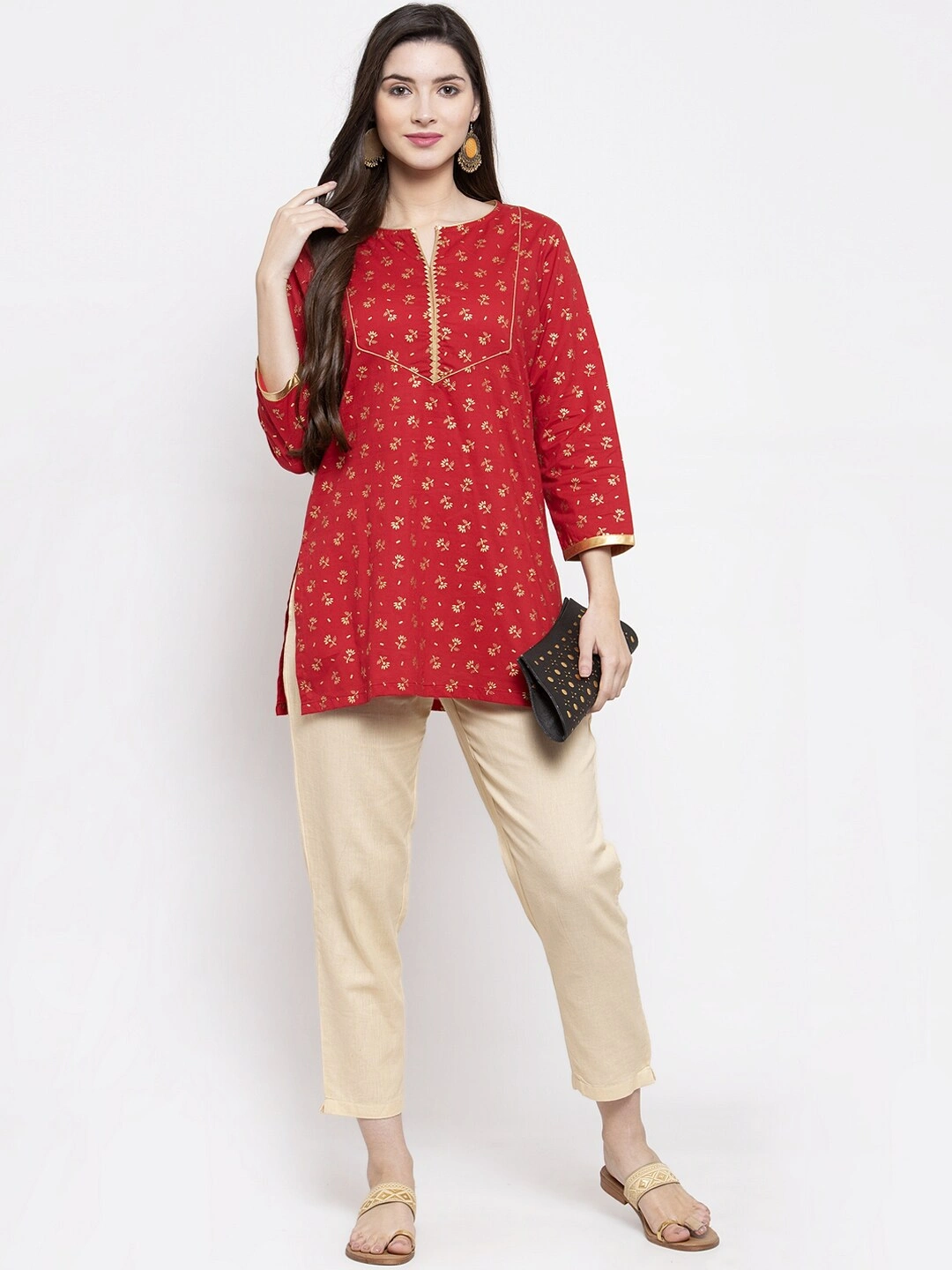 Bhama Couture Women Red &amp; Golden Foil Print Tunic-S-4