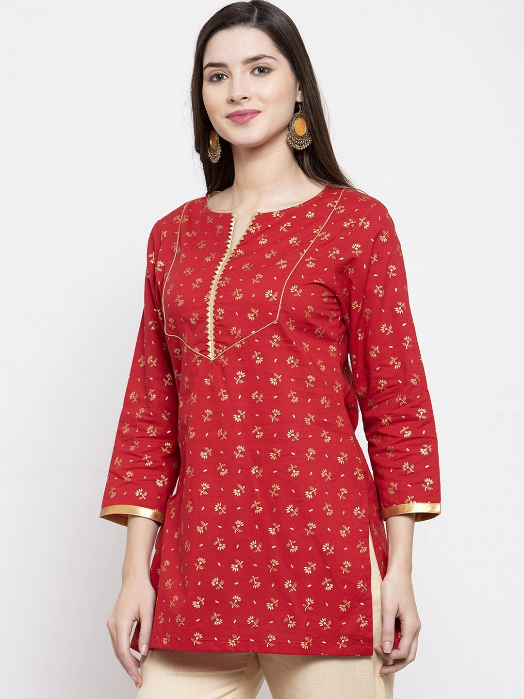 Bhama Couture Women Red &amp; Golden Foil Print Tunic-XL-1