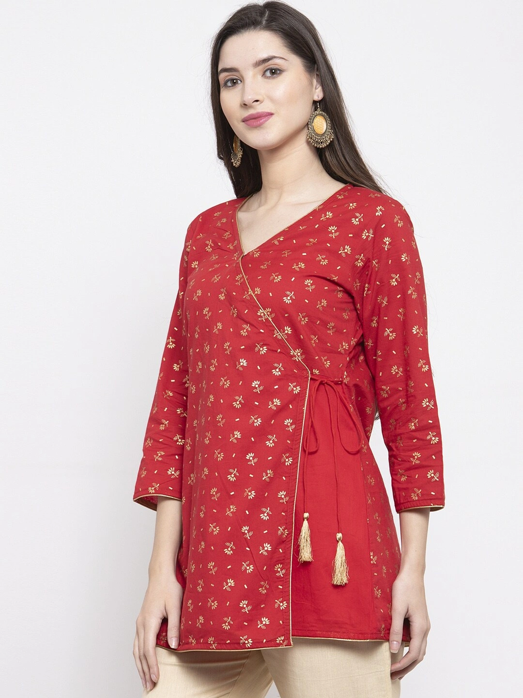 Bhama Couture Women Red &amp; Golden Foil Print Angrakha Tunic-L-1