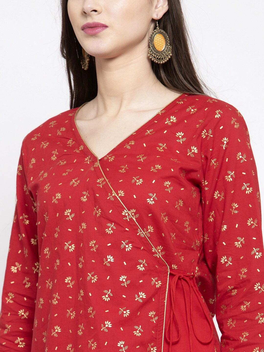 Bhama Couture Women Red &amp; Golden Foil Print Angrakha Tunic-L-3