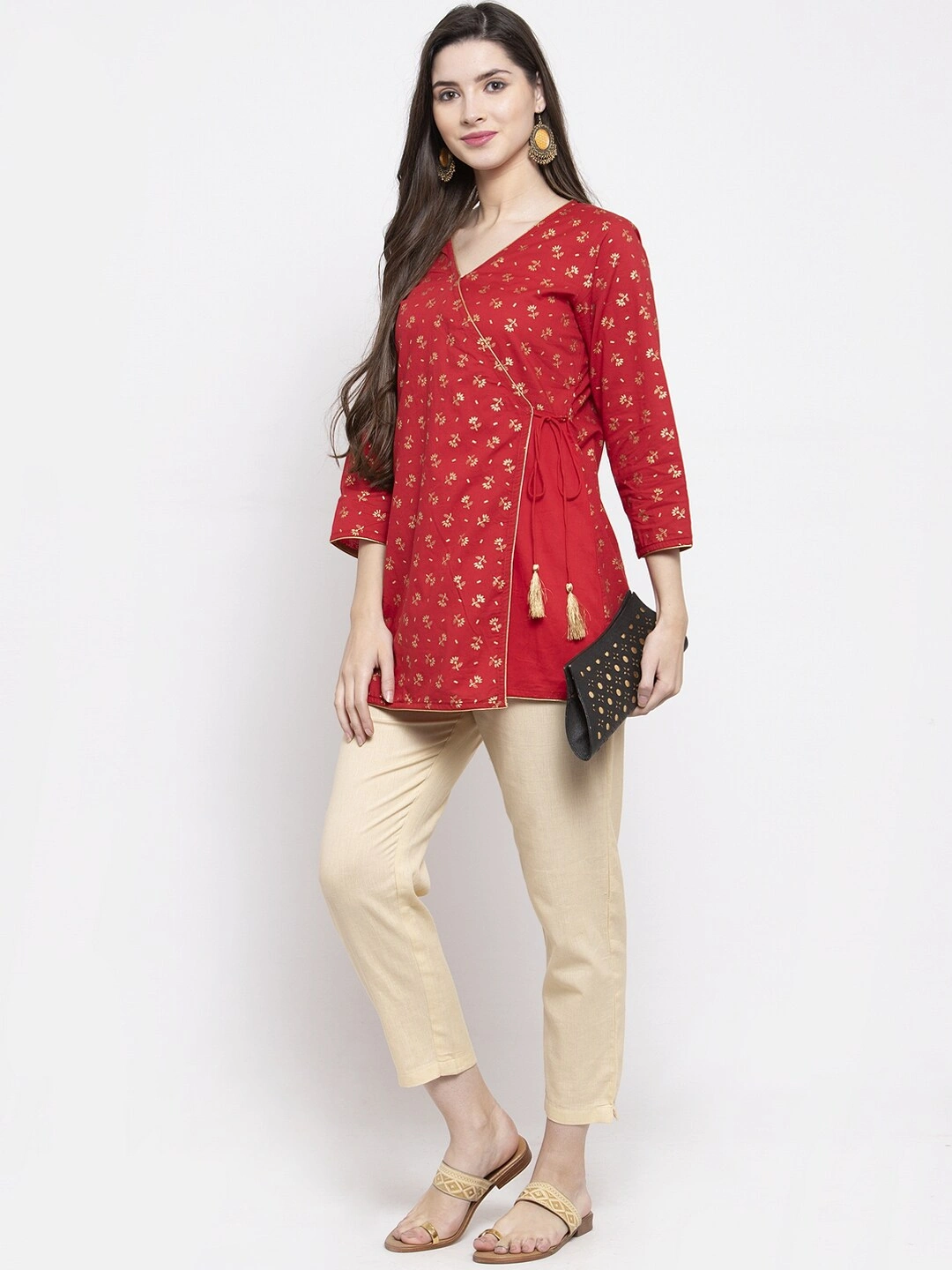 Bhama Couture Women Red &amp; Golden Foil Print Angrakha Tunic-L-4