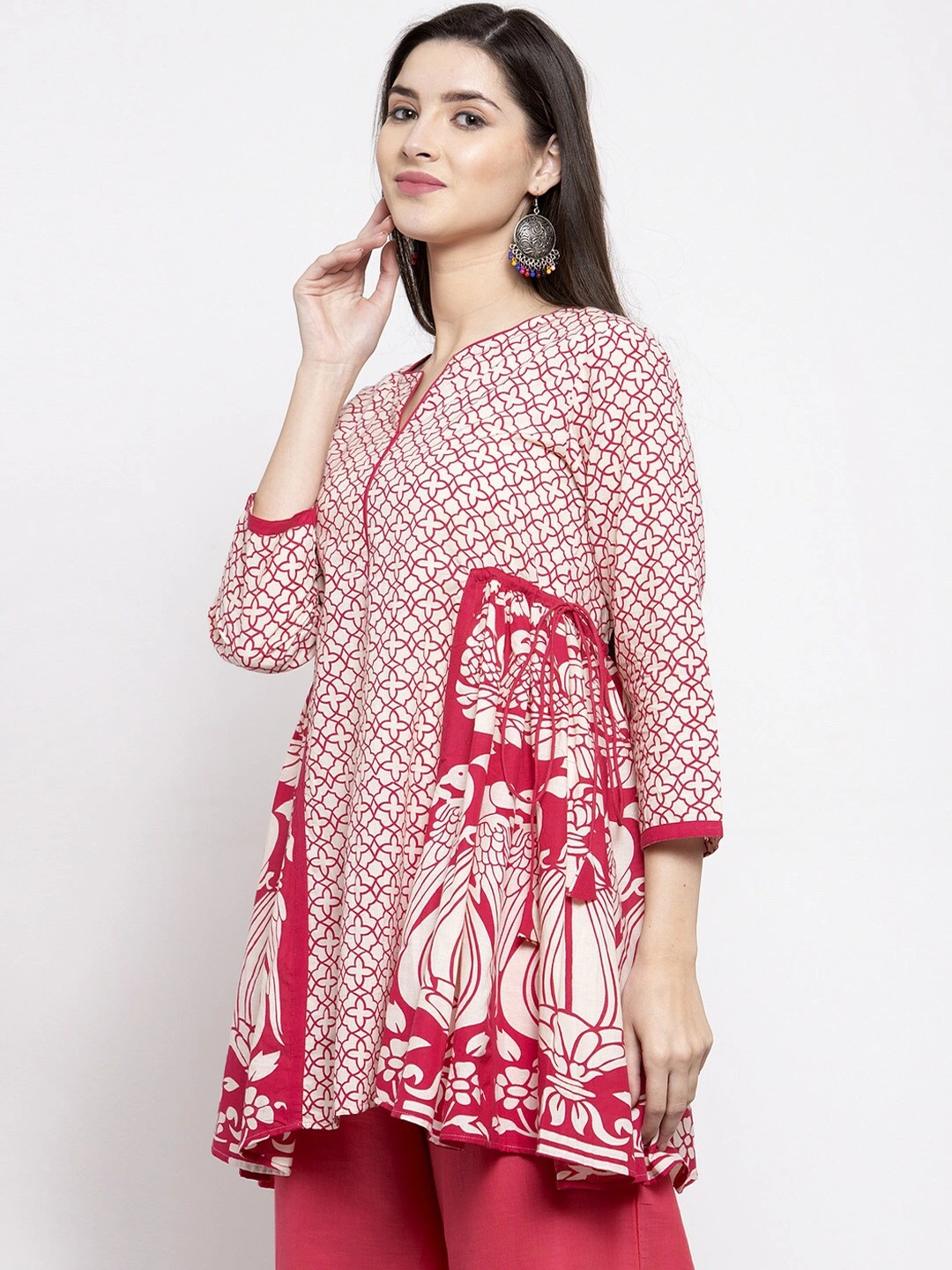 Bhama Couture Women's Off-White &amp; Pink Printed Tunic-L-1