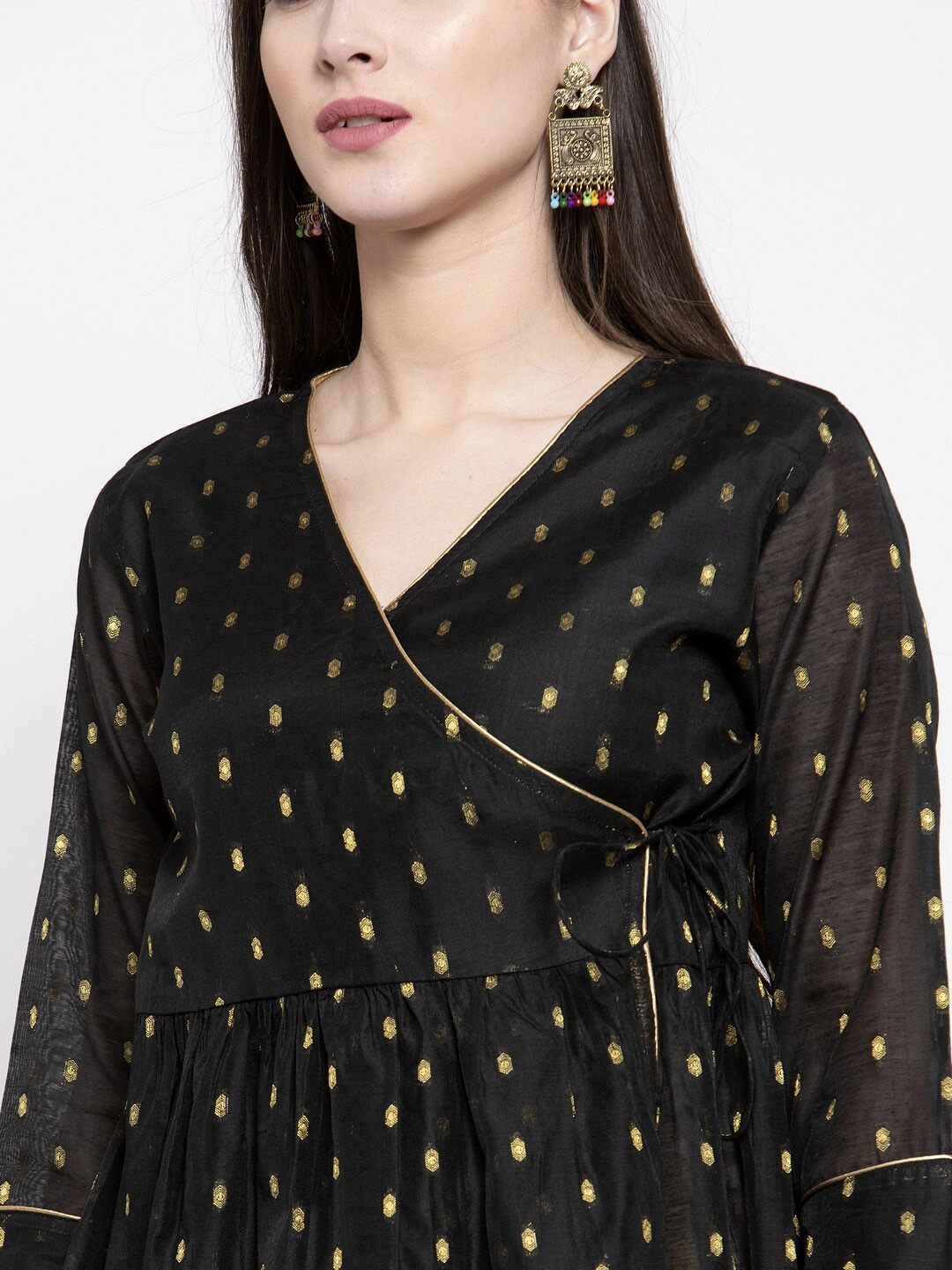 Bhama Couture Women Black &amp; Golden Self-Design Angrakha Tunic-XL-3