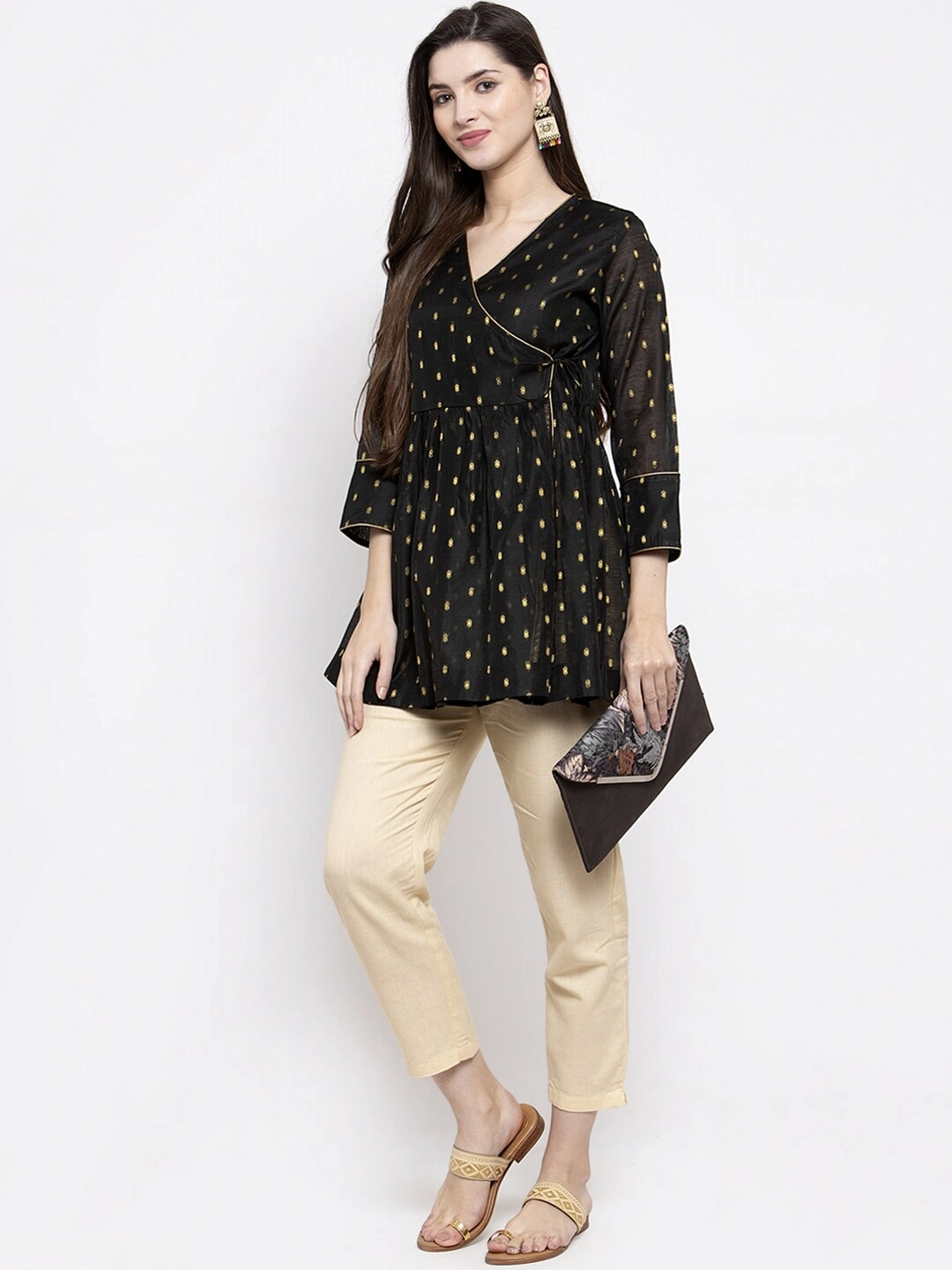 Bhama Couture Women Black &amp; Golden Self-Design Angrakha Tunic-L-4