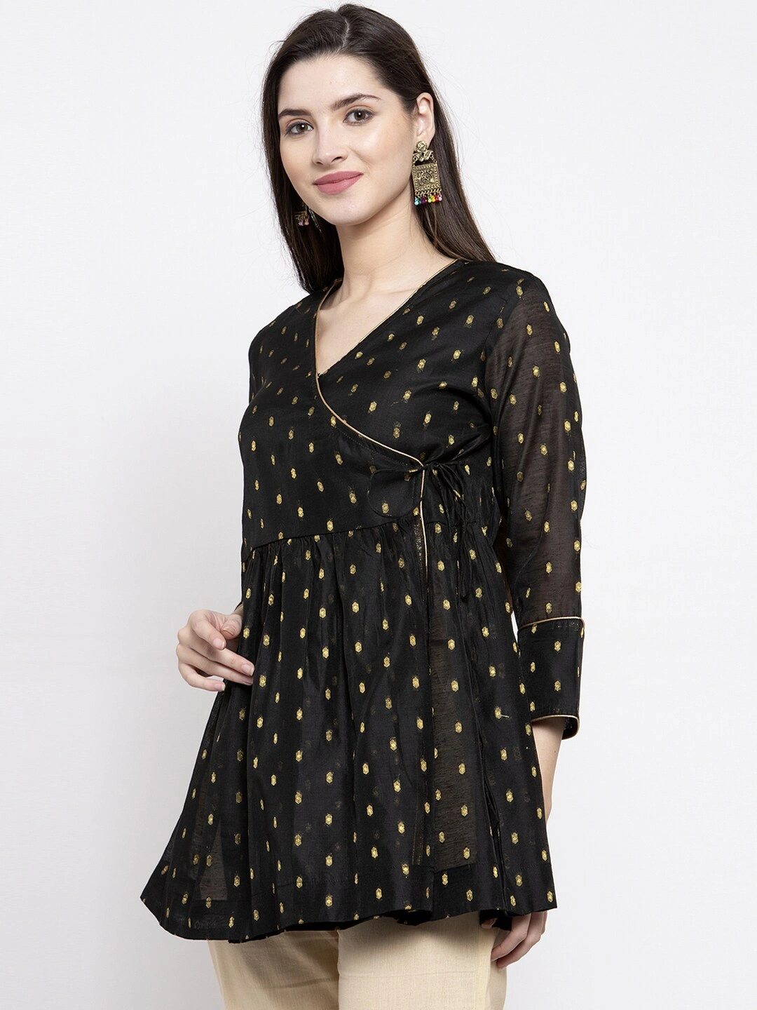 Bhama Couture Women Black &amp; Golden Self-Design Angrakha Tunic-S-1