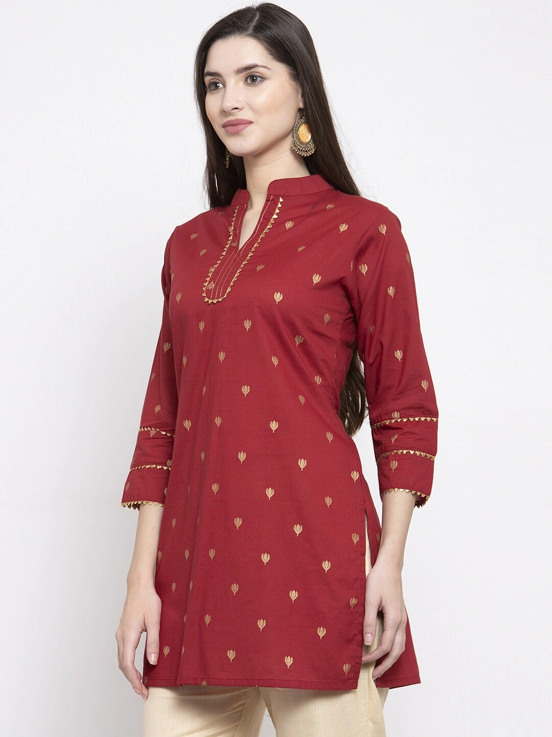 Bhama Couture Women Maroon &amp; Golden Foil Print Tunic-M-1