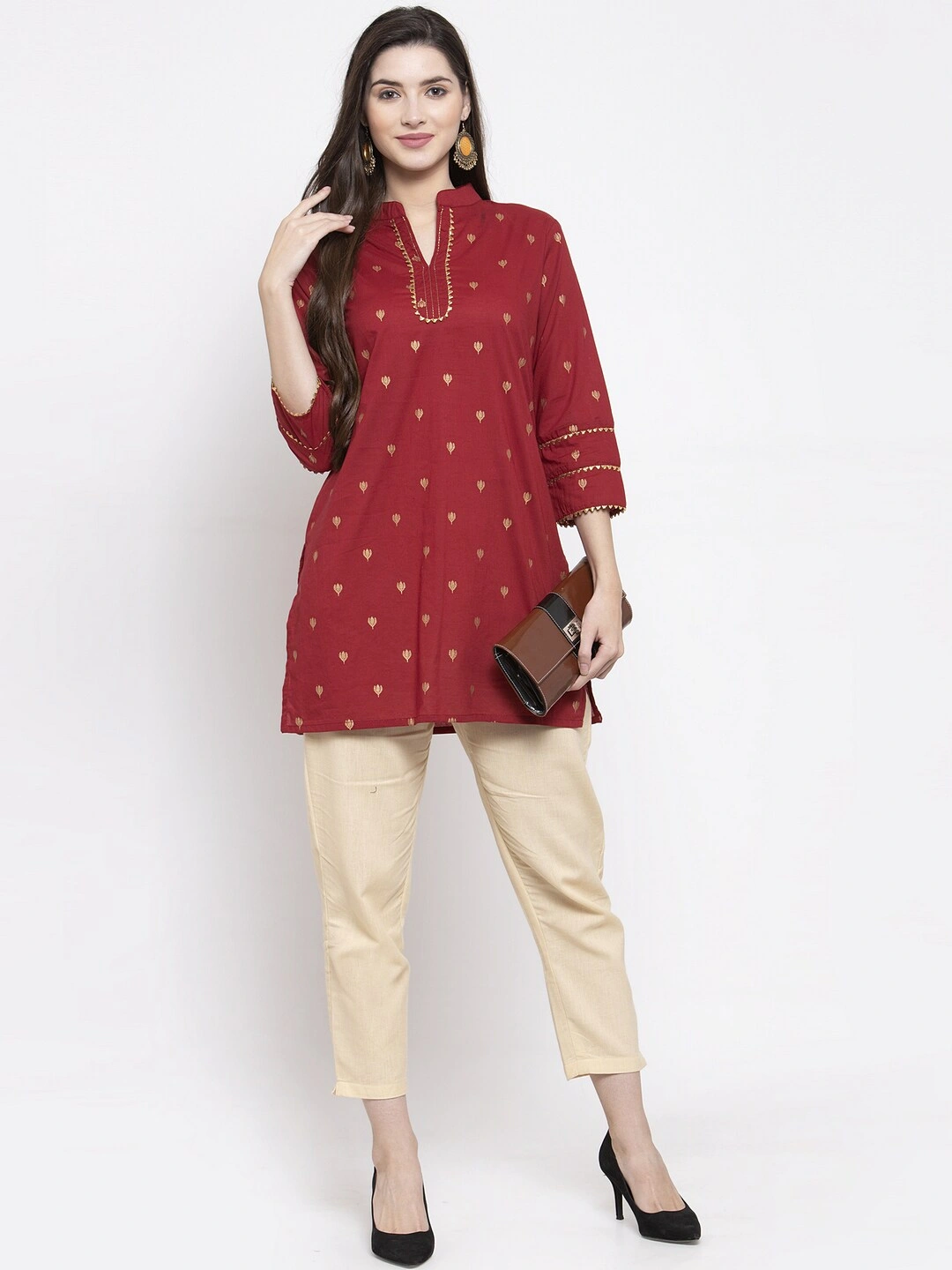 Bhama Couture Women Maroon &amp; Golden Foil Print Tunic-M-4