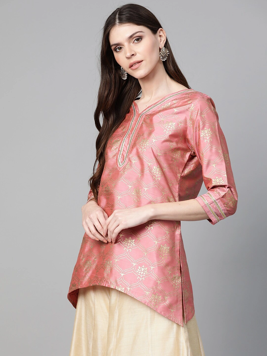 Bhama Couture Women Pink &amp; Golden Printed Asymmetric Tunic-S-1