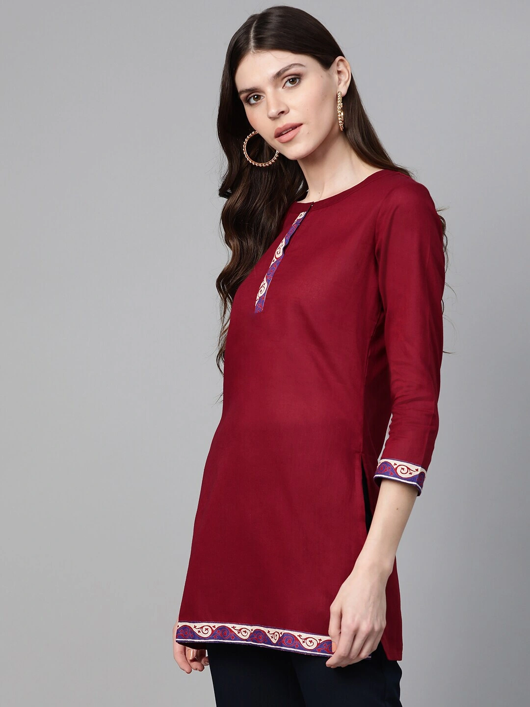 Bhama Couture Maroon Solid Tunic With Printed Tapings-L-1