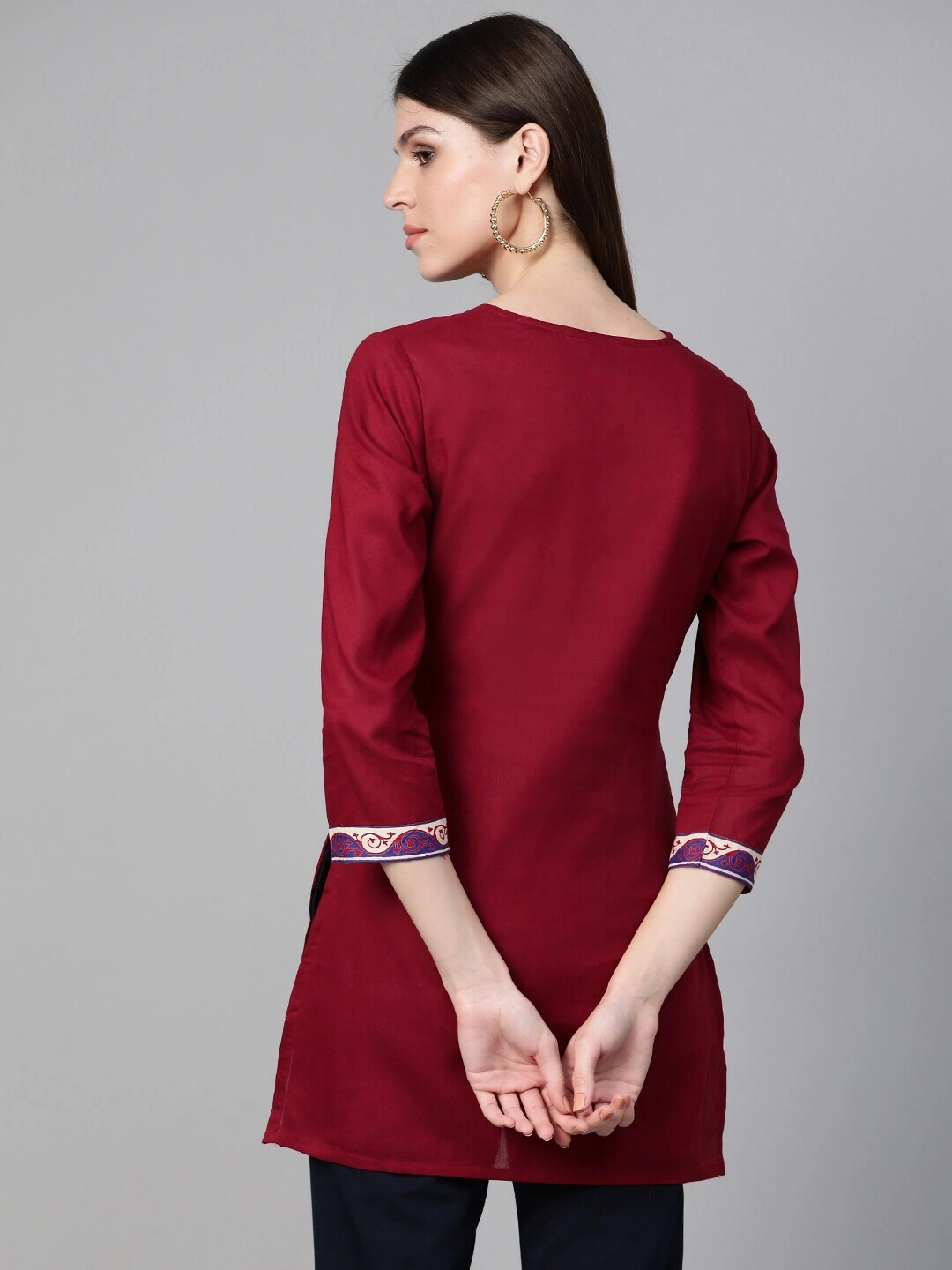 Bhama Couture Maroon Solid Tunic With Printed Tapings-L-2