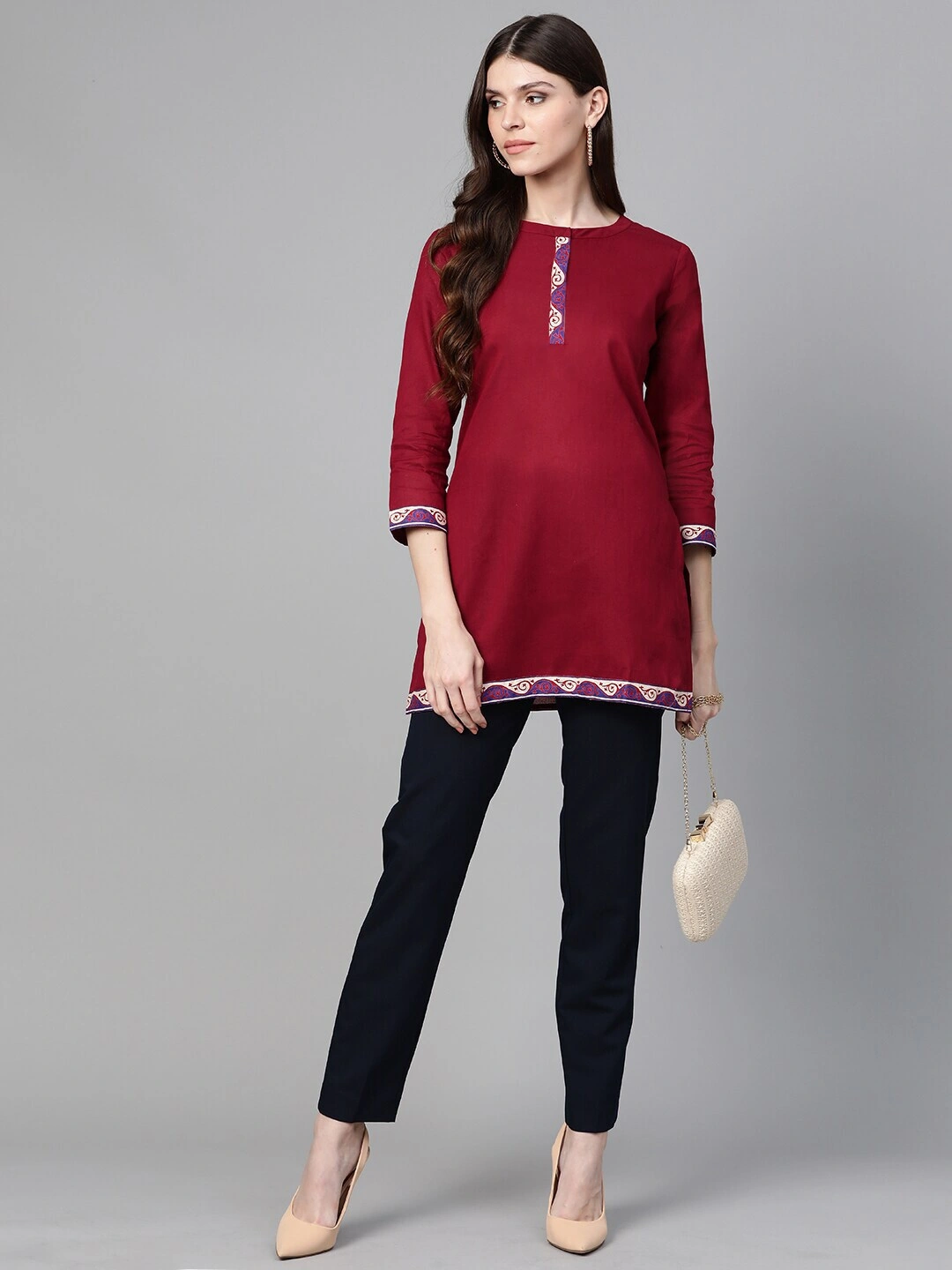 Bhama Couture Maroon Solid Tunic With Printed Tapings-L-4