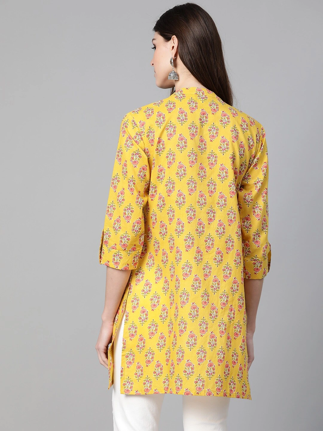 Bhama Couture Women Mustard Yellow &amp; Pink Floral Print Tunic-S-2