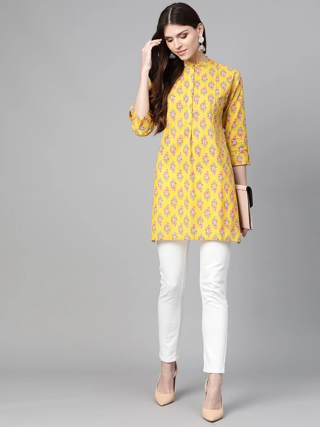 Bhama Couture Women Mustard Yellow &amp; Pink Floral Print Tunic-S-4