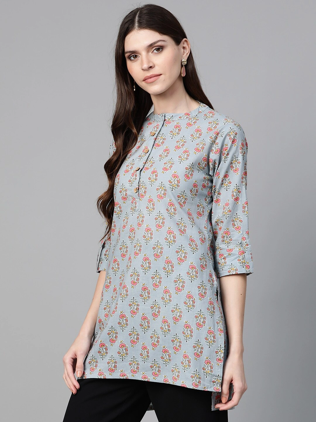 Bhama Couture Women Grey &amp; Pink Printed Tunic-L-1